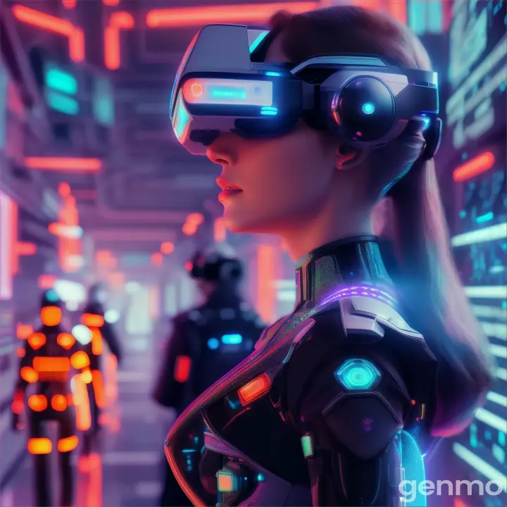 Woman and artificial intelligence walk in the virtual reality together and look after humans