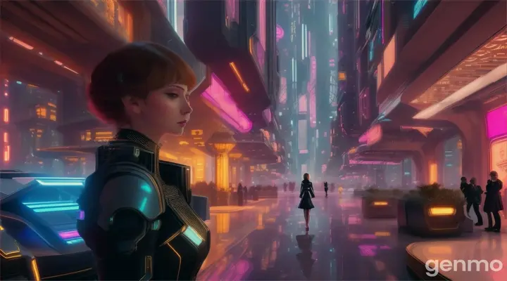 Woman and artificial intelligence have a romantic trip together in the artificial world