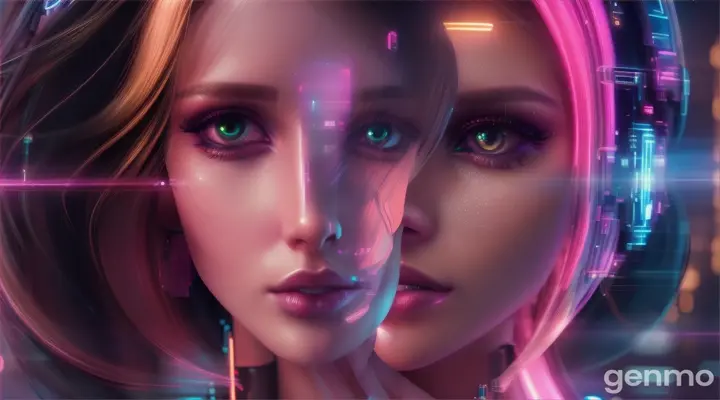 Woman and artificial intelligence have a romantic trip together in the artificial world