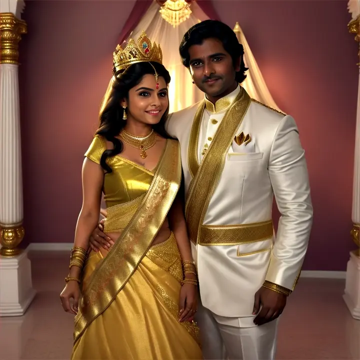 Create A grand, realistic ,cinematic  couple video spectacle unfolds as the South Indian King, little smile,tall and dark-skinned, with messy brushed-up hair, dons golden armor and wields a long, sharp sword. His chubby, fair-skinned queen, little smile,adorned in a full-sleeve saree matching white ensemble with golden accents, sports a short sides haircut with a long angular comb-over. The dance takes place in front of the iconic Chureito Pagoda, Mount Fuji, Japan, with the king and queen leading a synchronized dance alongside their ten soldiers, clad in silver armor and swords in hand. The soldiers are strategically positioned slightly away from the royal couple, creating a captivating visual dynamic. The king and queen is set to the rhythmic beats of the South Indian Tamil song "Kaadhal kaditham theettavae megam ellaam kaagithamVaanin neelam konduvaa penaa maiyo theernthidumChandhiranum sooriyanum anjal kaarargalIravu pagal eppozhuthum anjal unnai sernthidum",long wide angle,High Angle Shot,full body,The entire scene is captured in a 70mm spectacle, evoking the grandeur of a cult classic film, full body,pan Shot 