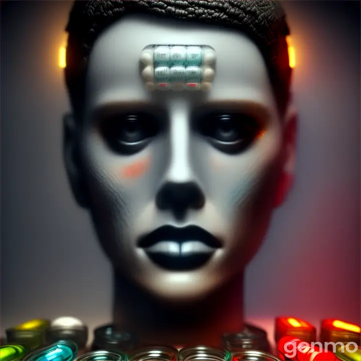 a man head made up of pills and pills and alcohol glass cups
