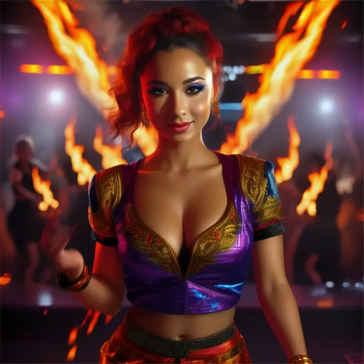 a woman dancing at a club head to toe, in front of fire, realistic,