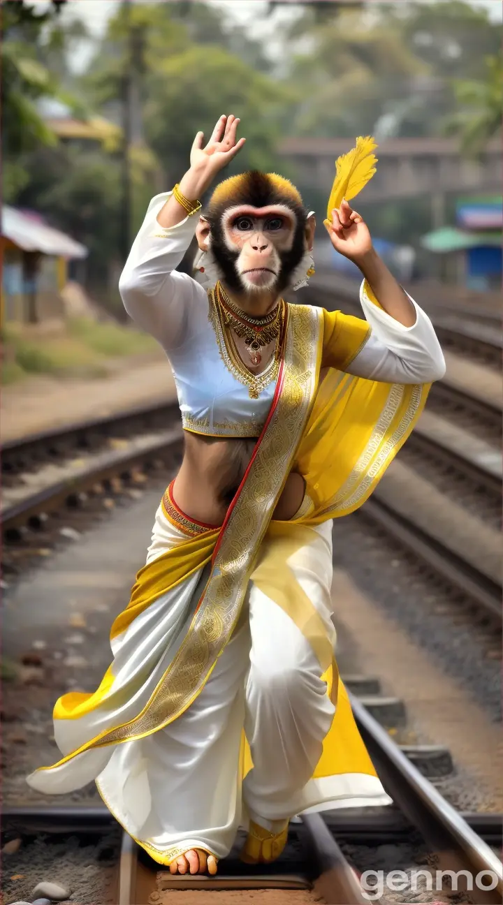 A monkey is wearing bright white color saree and yellow color blouse dancing for a song in the railway track