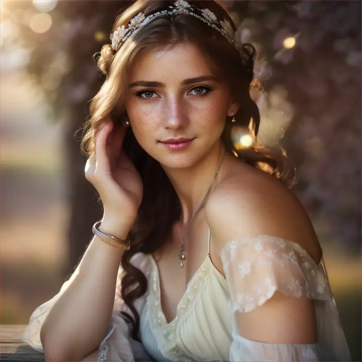 Masterpiece, detailed, beautiful, realistic photo, mature female, solo, cowboy shot, soft sunlight, serene expression, ethereal aura, flowing locks, floral headband, off-the-shoulder top, billowing sleeves, delicate lace details, dainty necklace, freckles dusting across nose and cheeks, rosy lips, gentle smile, slender arms, wrists adorned with bangles, fingers tracing patterns in the air, bohemian skirt swaying around slender thighs, bare feet grazing over grass, peaceful contemplation, 34 years old, huge boobs, Ultra detailed photo realistic background, realistic high detailed beautiful face, anatomic correct bodies, extremely realistic, lots of detail, strong, athletic, epiCPhotoGasm-colorfulPhoto, cyberpunk, light streak, holo drift, cable link, sexy blonde, milf,side_ponytail, elbow_gloves, taut_clothes. bandit.