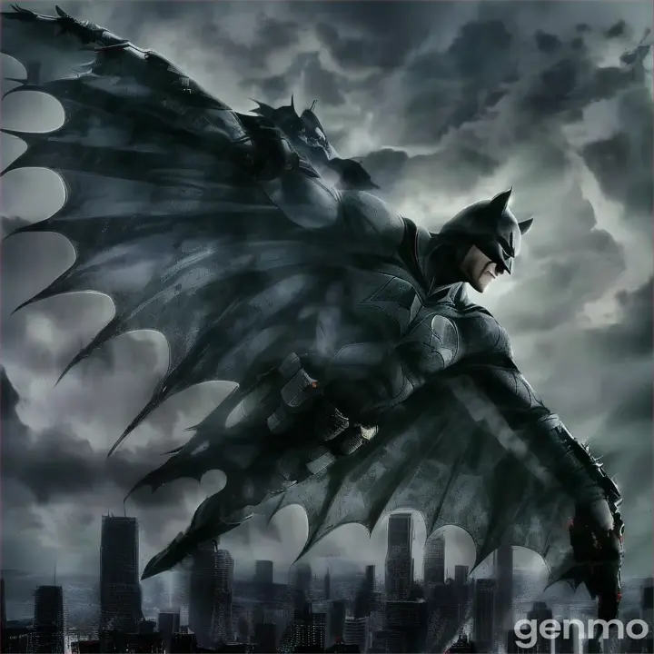 a batman flying over a city in a cloudy sky