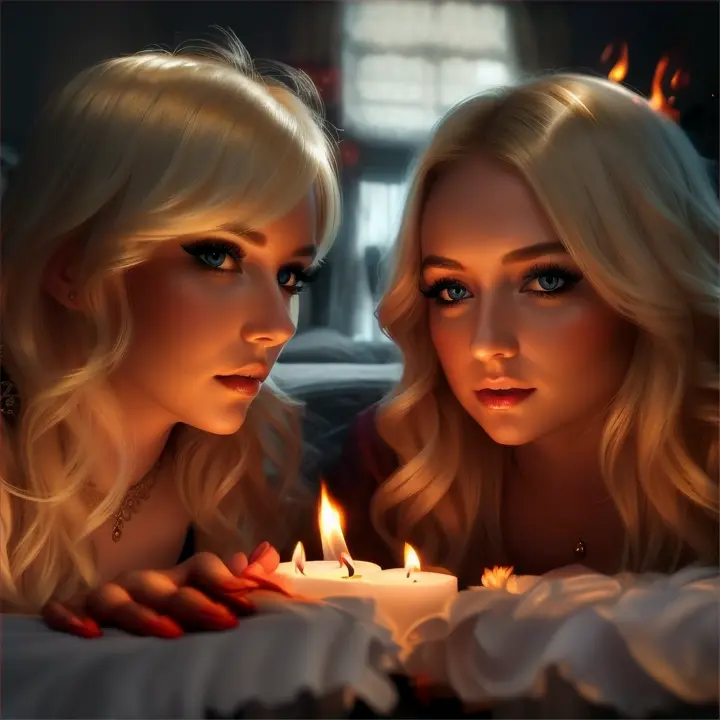 masterpiece, highly detailed, two blonde females resting on a bed on fire, flames, bedroom,