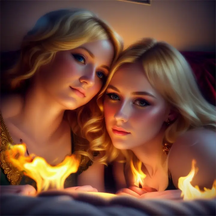 masterpiece, highly detailed, two blonde females resting on a bed on fire, flames, bedroom.