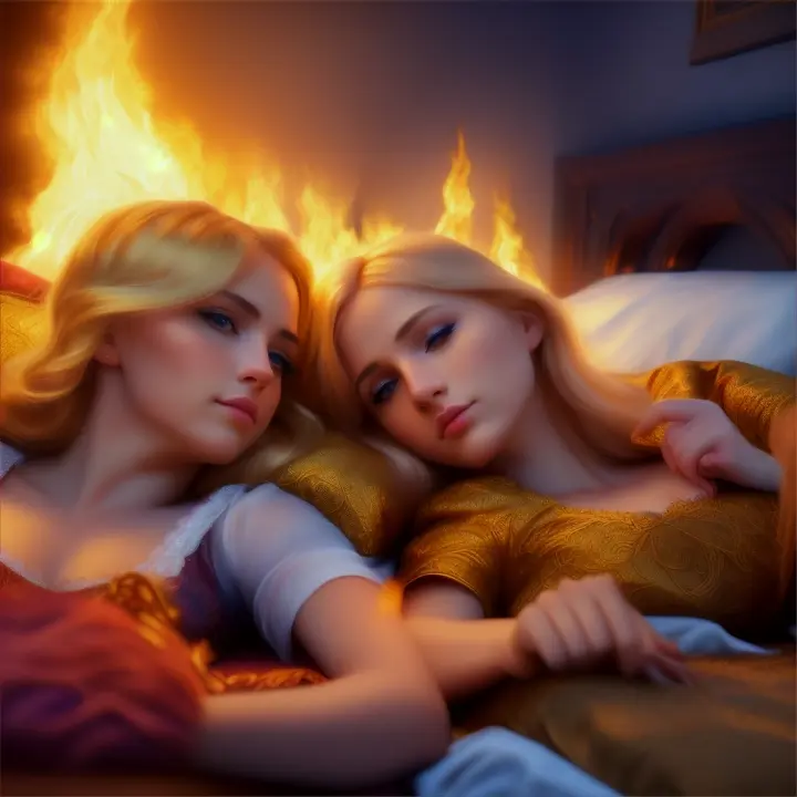 masterpiece, highly detailed, two blonde females resting on a bed on fire, flames, bedroom.