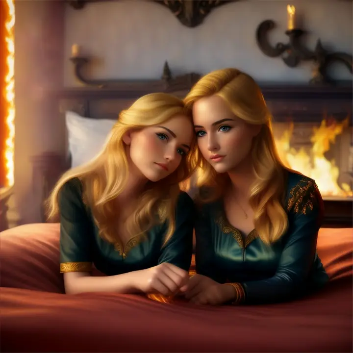 masterpiece, highly detailed, two blonde females resting on a bed on fire, flames, bedroom,