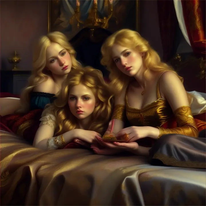 masterpiece, highly detailed, three blonde females resting on a bed on fire, flames, bedroom.