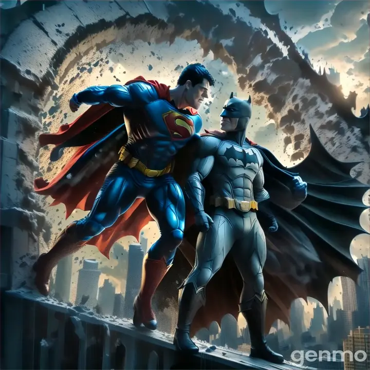 a batman and superman standing on top of a building