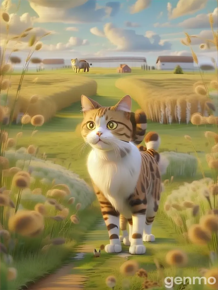 a cat standing in the middle of a field