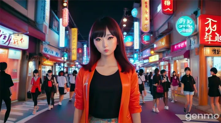 A busy, modern japanese street scene in Hirano-ku, Osaka as a colorful backdrop for a fashion model