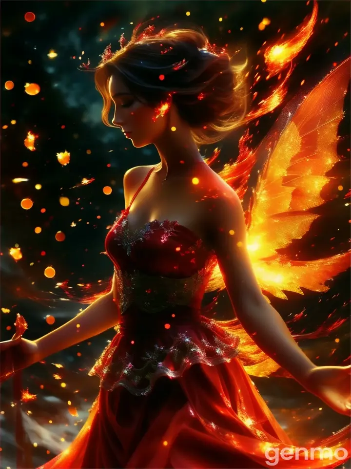 a woman in a red dress with fire in her hands