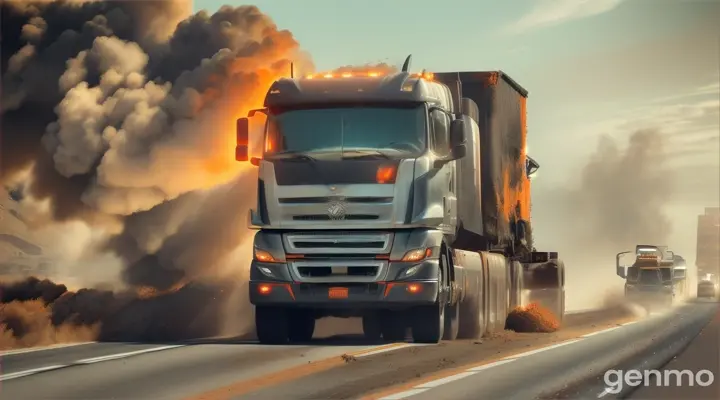 A POWERFUL TRUCK IS RUSHING ALONG THE ROAD, SWEEPING AWAY EVERYTHING IN ITS PATH.