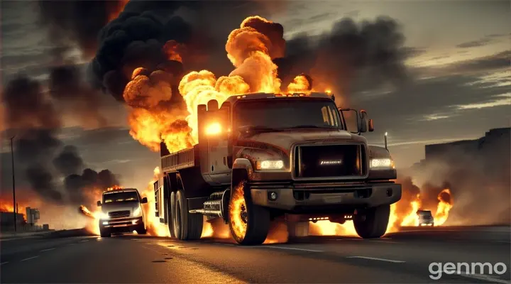 A POWERFUL BURNING TRUCK IS RUSHING ALONG THE ROAD, SWEEPING AWAY EVERYTHING IN ITS PATH.