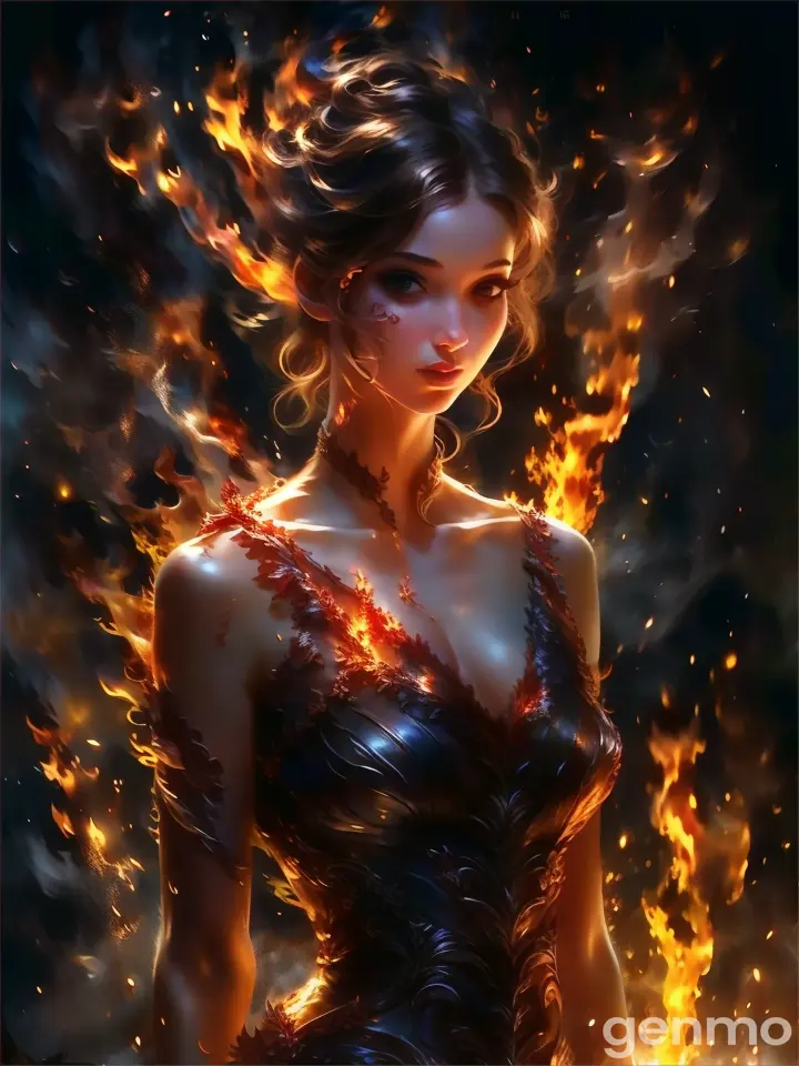 a woman in a dress with fire on her chest