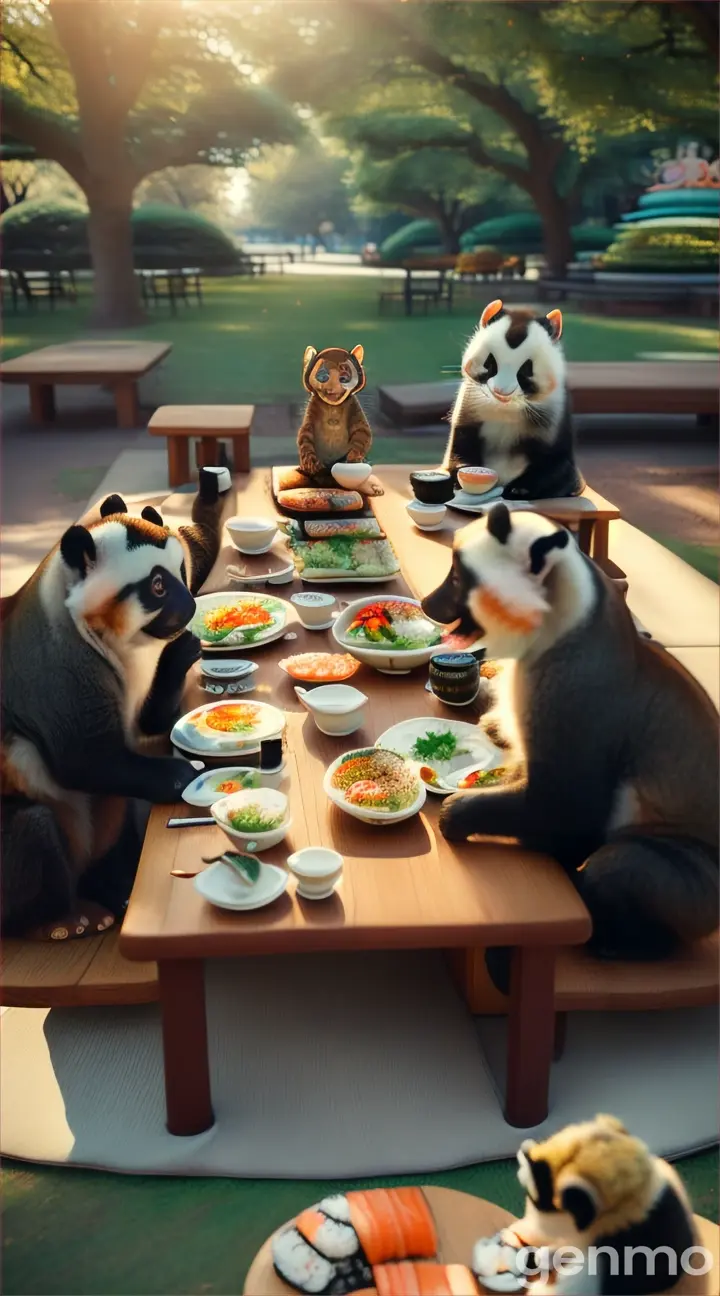 Animals elephant, squirrel, monkey, cat and panda gathered around a big table enjoying sushi, laughing and chatting in the park in the morning (realistic image) format 9.16