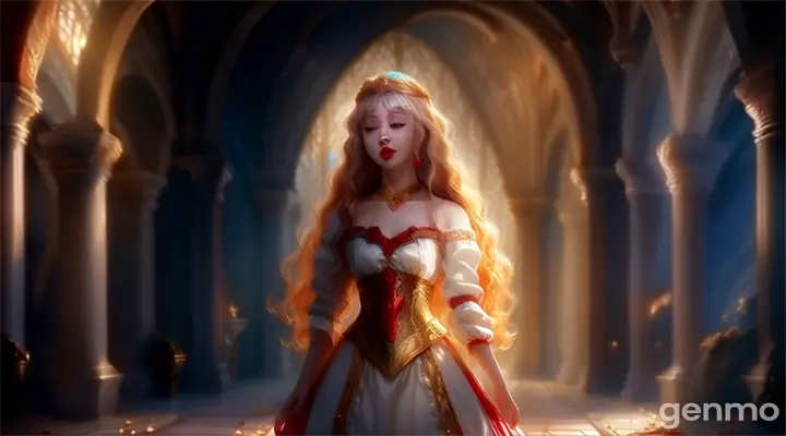 a princess with red lips  in a white and red dress standing in a hallway