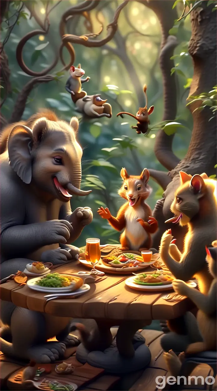 “A group of animals, 1 elephant, 1 squirrel and a cat sitting around a table eating food (realistic image) 9.16 format”