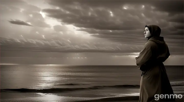 A mysterious figure clad in tattered, midnight-hued robes, the archetypal meteorite mariner gazes into the distance with a distant, longing expression. This haunting image is captured in an aged, sepia-toned photograph, exuding an air of ancient mysticism and faded glory. The mariner's silhouette is sharply contrasted against the backdrop of a stormy, starlit sky, capturing a moment of profound solitude and yearning. The image's intricate details and expertly captured emotion make it a truly mesmerizing piece of art, evoking a sense of melancholic beauty and timeless contemplation.