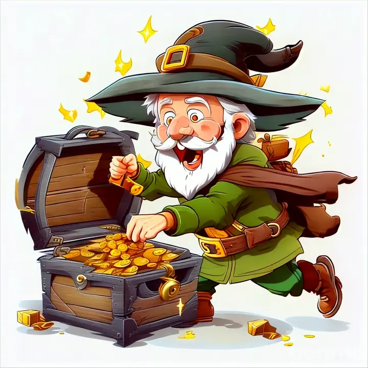 an old  robber  taking out gold from treasure box D animation cartoon ancient time 