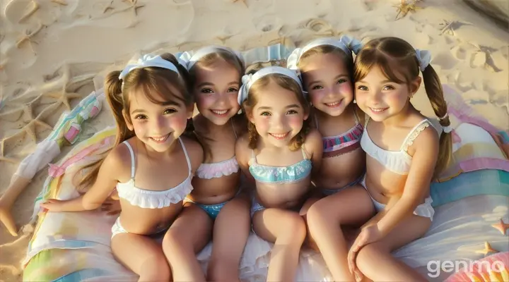 Five Little girls, age 8 years old, 8yo, pigtails, blonde, short white beachwear, bare feet, bend down, bed, happy, crouching, legs up high, close up body, bare legs, belly, arms up high