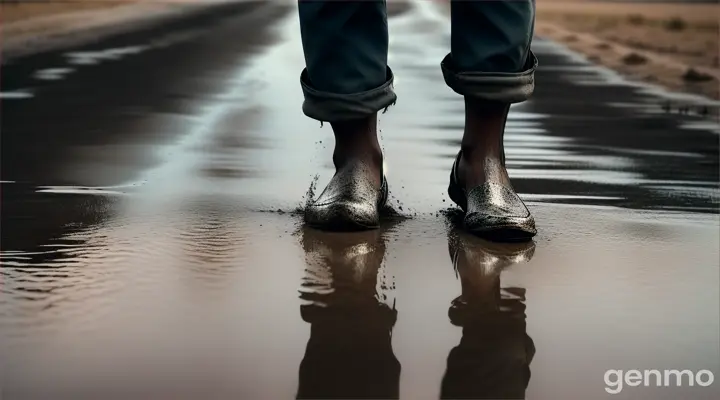 Close-up of bare feed walking in a puddle. The reflection is a cloudy heavy sky and dust in the air