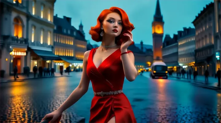 a woman in a red dress standing on a street