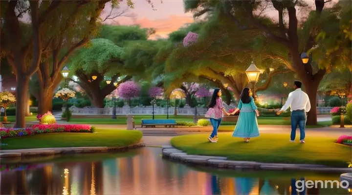 In a quiet, beautifully landscaped park at twilight, a modern Pakistani couple walks side by side, both wearing jeans and shirts. Their hands brush but never hold. The park is adorned with vibrant flowers, lush green trees, and a gently winding path illuminated by soft, warm lights. A tranquil pond reflects the fading colors of the sunset, and benches under ornate lampposts offer peaceful spots for reflection. The girl's eyes are filled with unshed tears, and the boy avoids her gaze, their inner sadness contrasting sharply with the serene and picturesque surroundings.