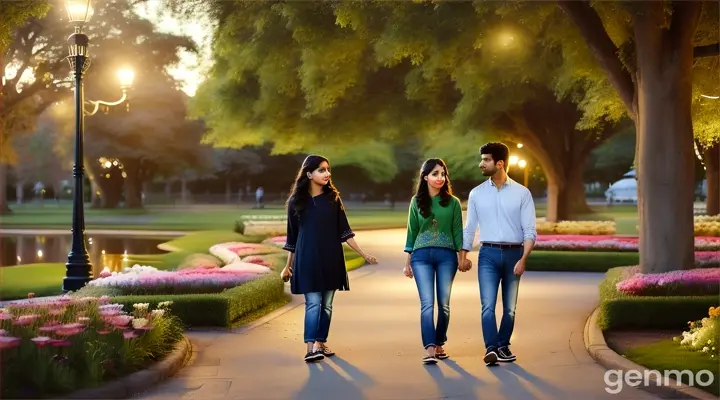 In a quiet, beautifully landscaped park at twilight, a modern Pakistani couple walks side by side, both wearing jeans and shirts. Their hands brush but never hold. The park is adorned with vibrant flowers, lush green trees, and a gently winding path illuminated by soft, warm lights. A tranquil pond reflects the fading colors of the sunset, and benches under ornate lampposts offer peaceful spots for reflection. The girl's eyes are filled with unshed tears, and the boy avoids her gaze, their inner sadness contrasting sharply with the serene and picturesque surroundings.