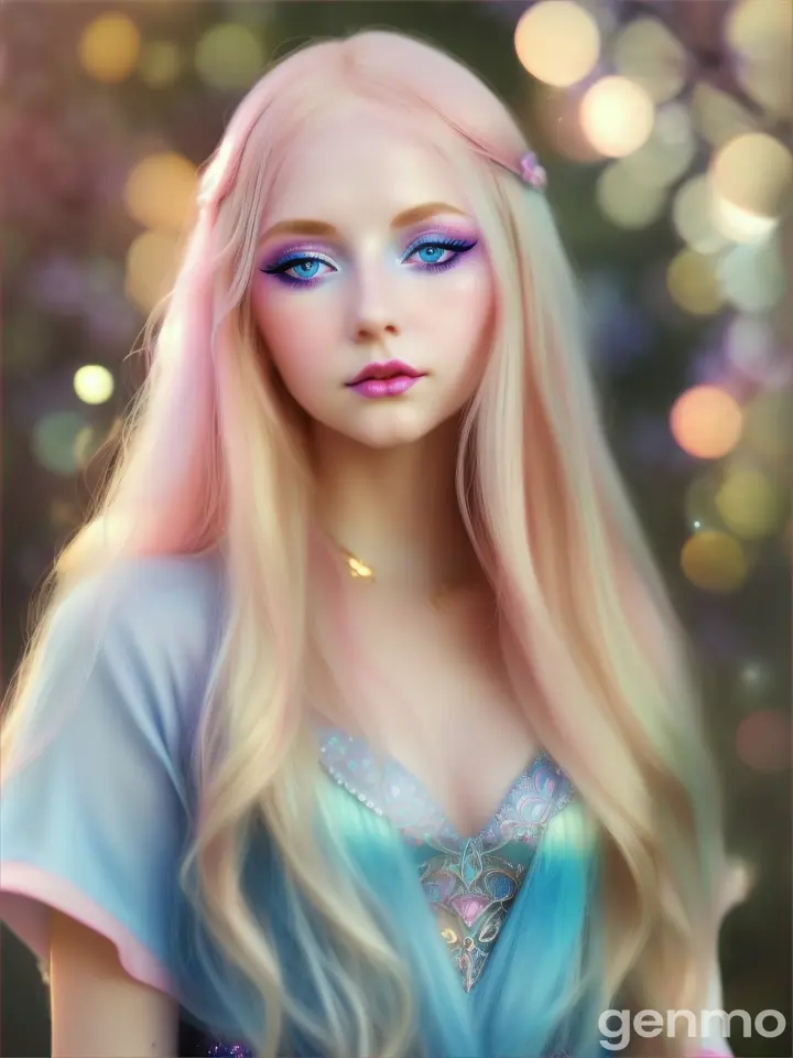 A beautiful pastel gothic woman with long blonde hair, sparkling blue eyes and rosy red cheeks & lips. ethereal, otherworldly, summertime, summer solstice