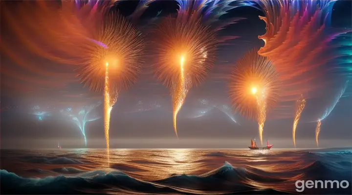 Towering waves rose like colossal, living sculptures, their forms twisting and spiraling upwards into the sky with a fluid grace. These immense walls of water were adorned with intricate patterns of light and shadow, resembling the swirling nebulae of distant galaxies. Within these liquid monoliths, schools of luminescent fish darted and danced, their scales reflecting the sword’s radiant glow in a dazzling display of natural fireworks. The walls seemed to pulse with a heartbeat of their own, a rhythmic testament to the divine energy that held them aloft.”
