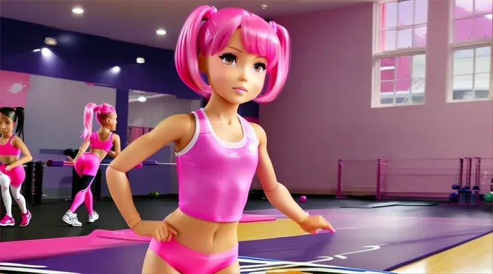 anime:small 5 years barbie with pink hair:at the gym:Barbie's voice: "Coming!" The sound of her running back into frame.