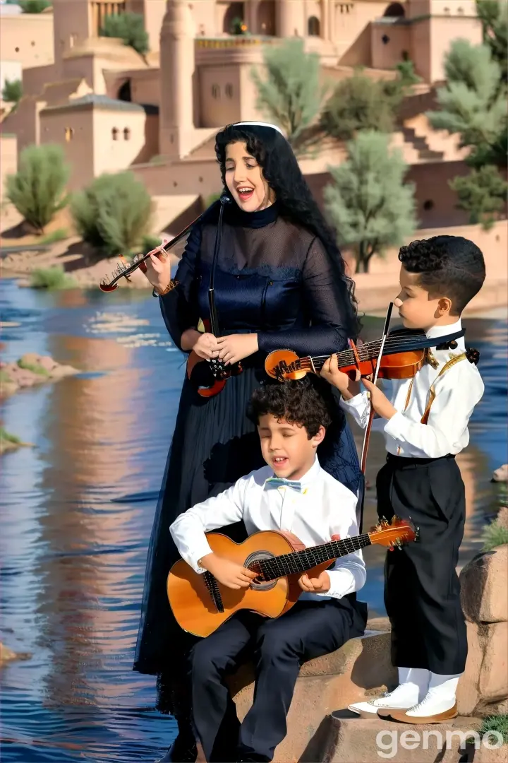 A woman singing. One boy, with curly, textured hair, is playing a classical guitar .the other boy, with a rounded haircut, is playing the violin