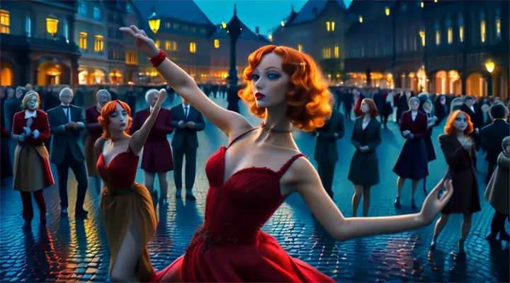 red-haired beautiful woman with curly shoulder length hair, in a red evening dress, in an elaborate dancing pose, in the middle of the city square with a crowd of people around, admiring her