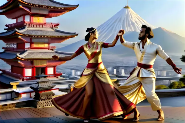 a man and a woman dancing in front of a pagoda