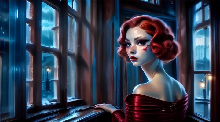 woman in a red dress looking out a window