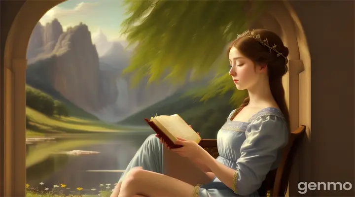 Create an image of a young lady sitting in profile reading the Bible with nature in the background