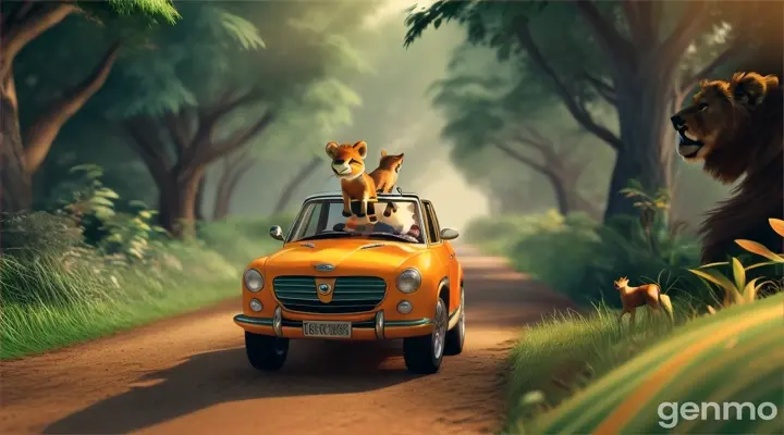 3d cartoon baby deer watching the lion in jungle while driving