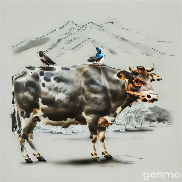 a cow with two birds sitting on it's back