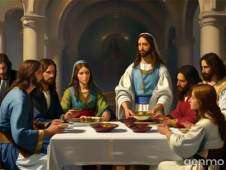 jesus sentado em um banco, ao redor de uma mesa com mais 4 pessoas e maria obeservando jesus , em pé judas  e uma mulher chamada marta com bandeja na mão 