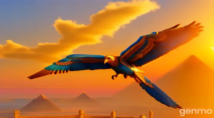 Golden blue phoenix soaring over enchanted Egyptian ruins at sunset, casting pink and blue light over castles and treasures below. Camera retracts far into the distance