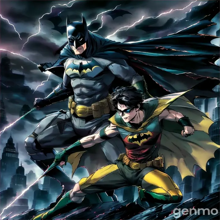 Batman swooping in from above, cape billowing, with Robin at his side, in the midst of a dynamic action scene