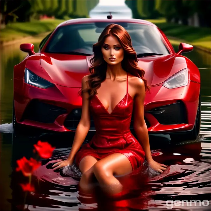 a woman in a red dress sitting in the water next to a red sports car