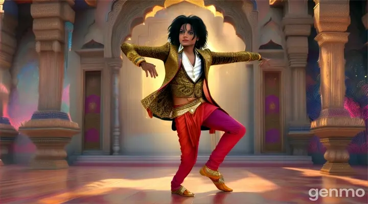 Michael Jackson in Bollywood attire, rendered in highly-textured style inspired by Indian art, mid-dance move