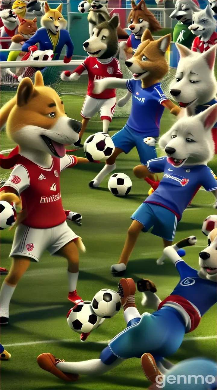 a group of cartoon animals playing a game of soccer