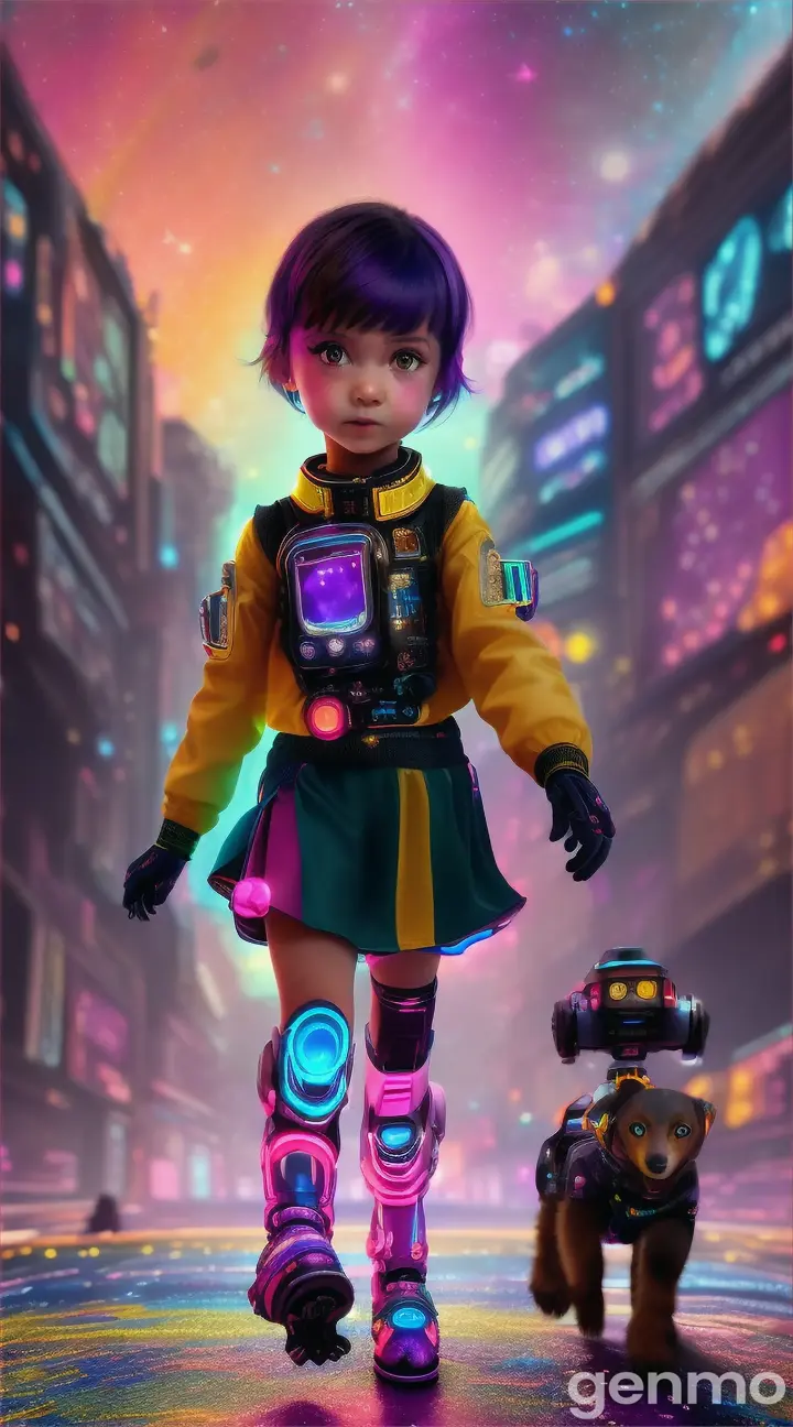 A little girl in a colorful cyberpunk outfit with a pixie cut is running towards us through a cosmic landscape, with stars shining brightly in the background, chased by her robotic dog companion. (9:16 ratio), perfect prominent features, soft features, long wavy highlighted coloured long hair,  extremely sweet and cute in crystal clear black blue futuristic outfit, perfect and professional video,correct video, perfect and prominent and correct features, 9:16 ratio”