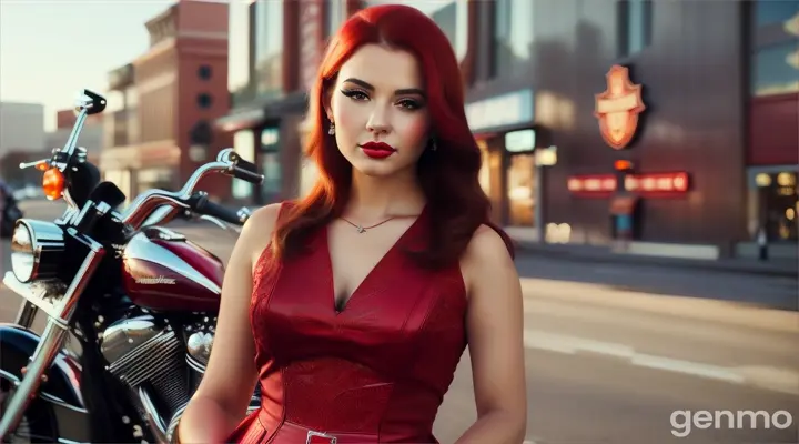 a beautiful young woman in a red dress next to a harley davidson