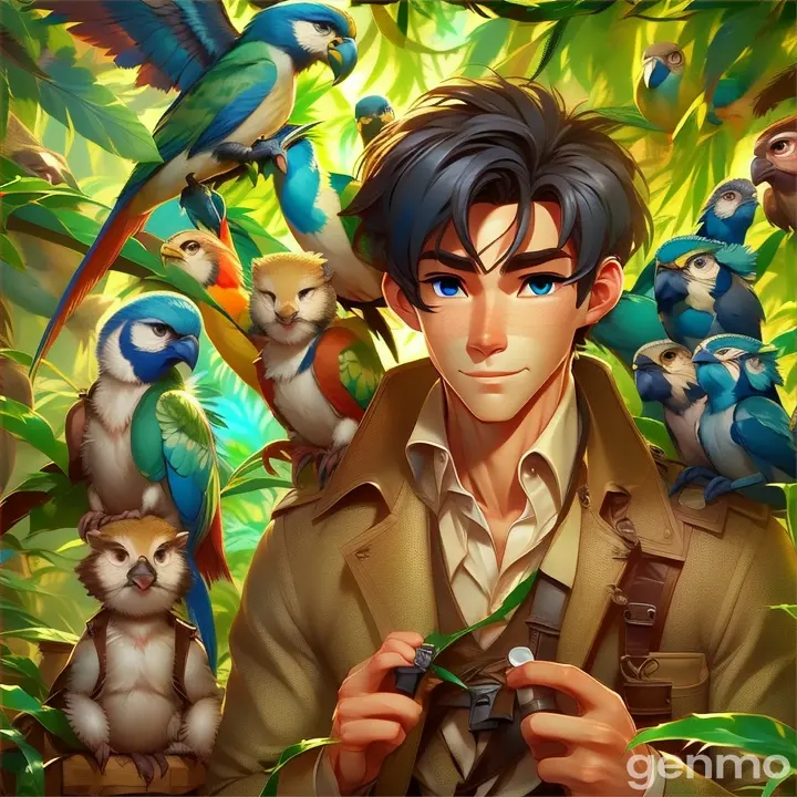 a man standing in front of a bunch of birds